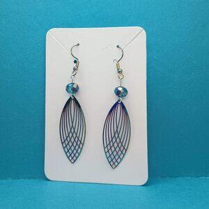 Iridescent Multicolor Ionized Metal Leaf Earrings with Blue AB Beads HandCrafted